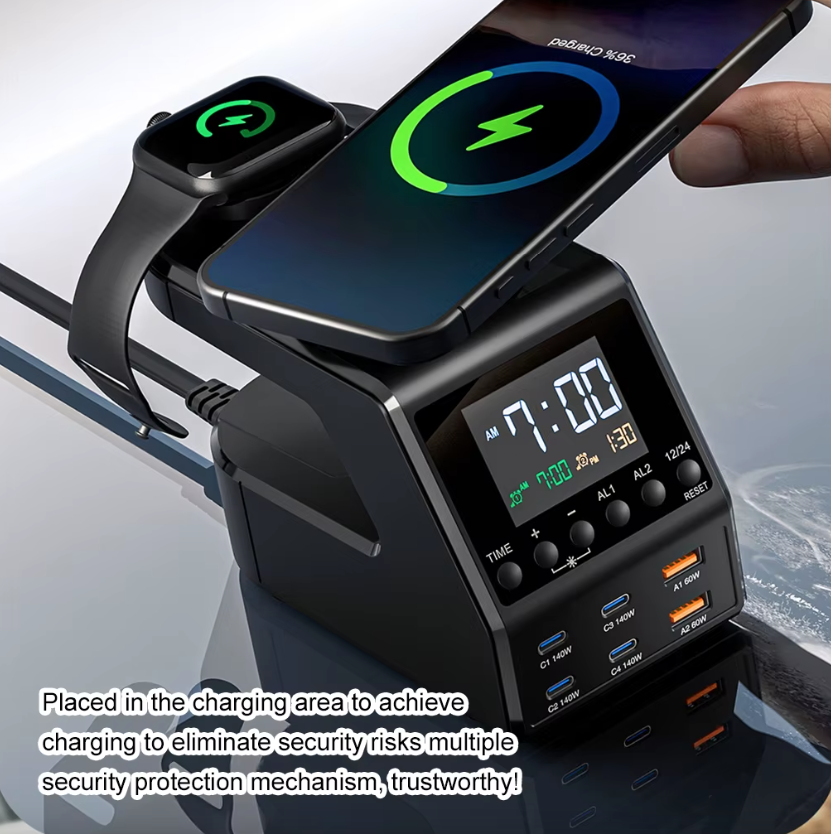Estación de carga de 240W todo en uno con reloj digital y alarma, 4×140W PD3.1 PPS USB Tipo C cargador rápido inalámbrico