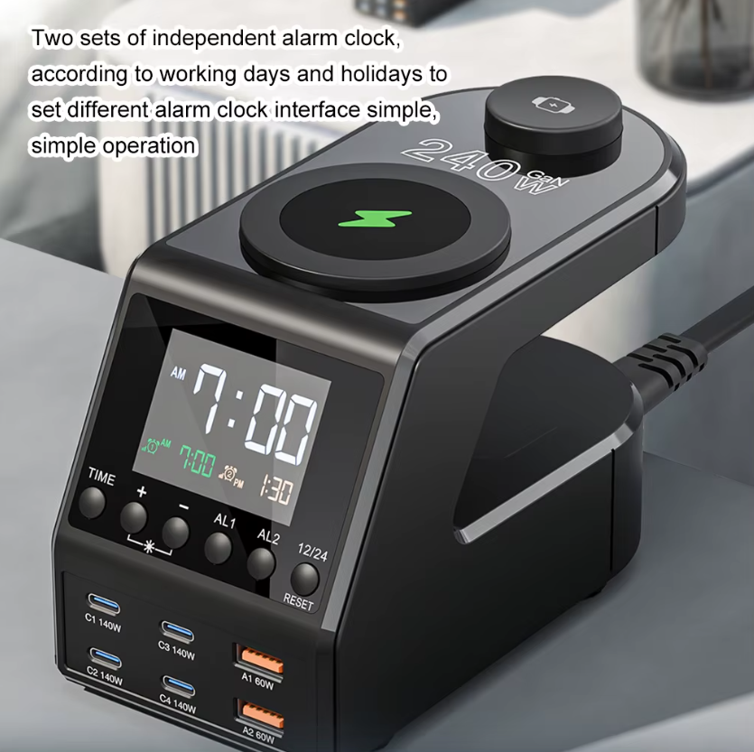 Estación de carga de 240W todo en uno con reloj digital y alarma, 4×140W PD3.1 PPS USB Tipo C cargador rápido inalámbrico