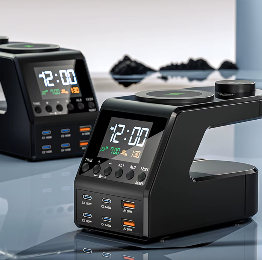 Estación de carga de 240W todo en uno con reloj digital y alarma, 4×140W PD3.1 PPS USB Tipo C cargador rápido inalámbrico