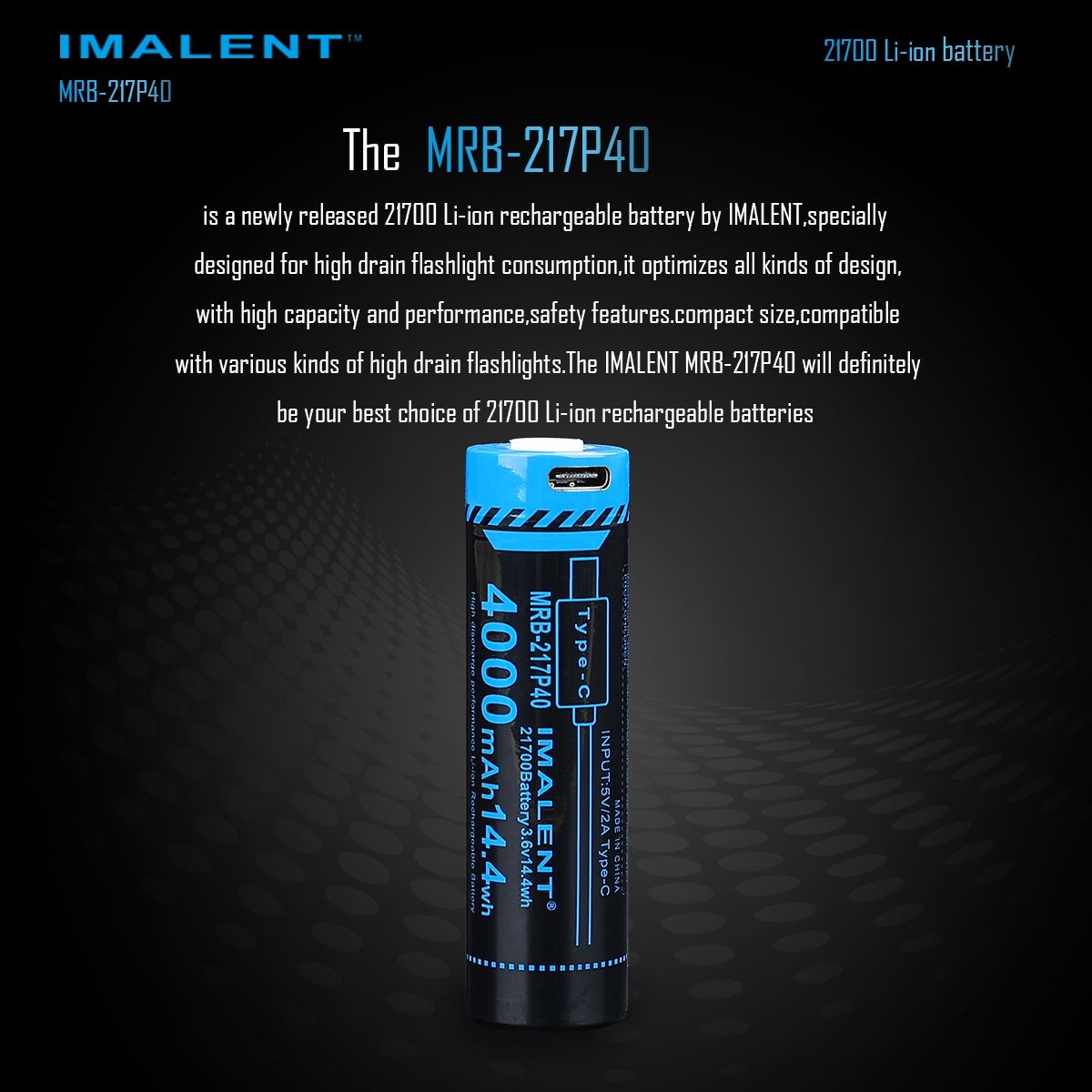 Batería IMALENT MRB-217P40 4000mAh con carga Tipo-C para linternas y gadgets electrónicos diseño avanzado