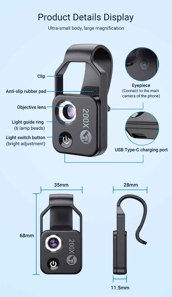 APEXEL 200X Lente de Microscopio con Luz LED Móvil CPL para iPhone Samsung Perfecto para Fotografía Macro