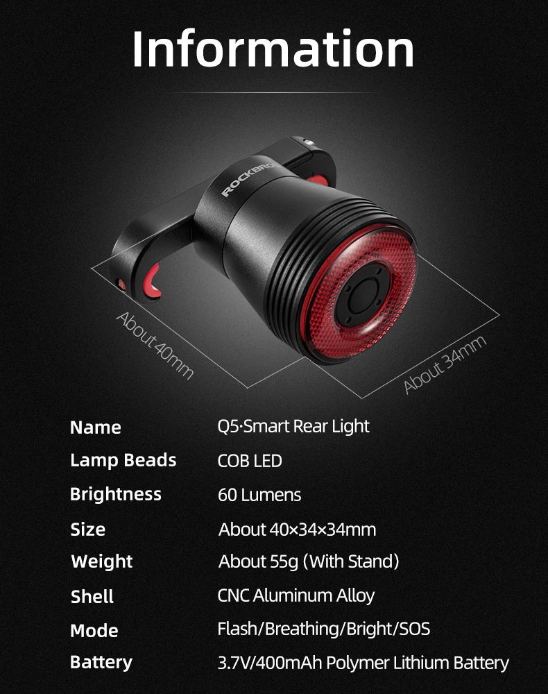 ROCKBROS Q5 Luz inteligente para bicicleta con freno automático, luz trasera LED con detección de freno, IPX6 impermeable, equipo de seguridad para ciclismo