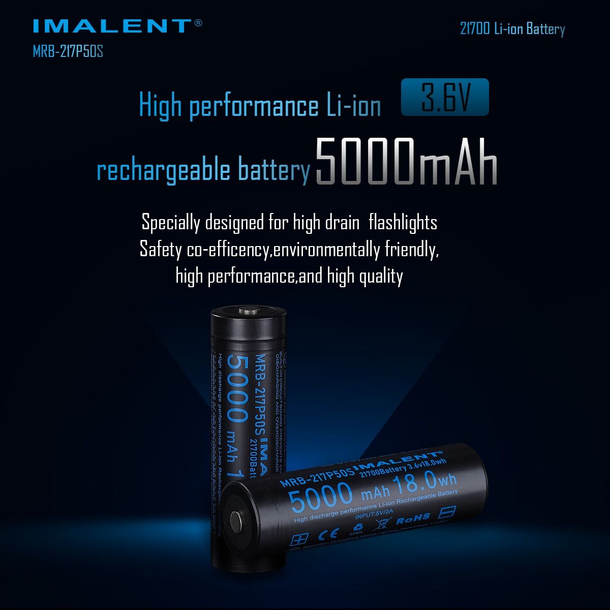 Batería Recargable IMALENT MRB-217P50S 21700 Li-ion 5000mAh 3.6V. Energía Fiable para Linternas LED.