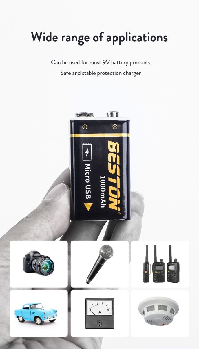 Batería Beston 9V recargable 1000mAh micro USB de iones de litio para RC opción de energía sostenible alta capacidad