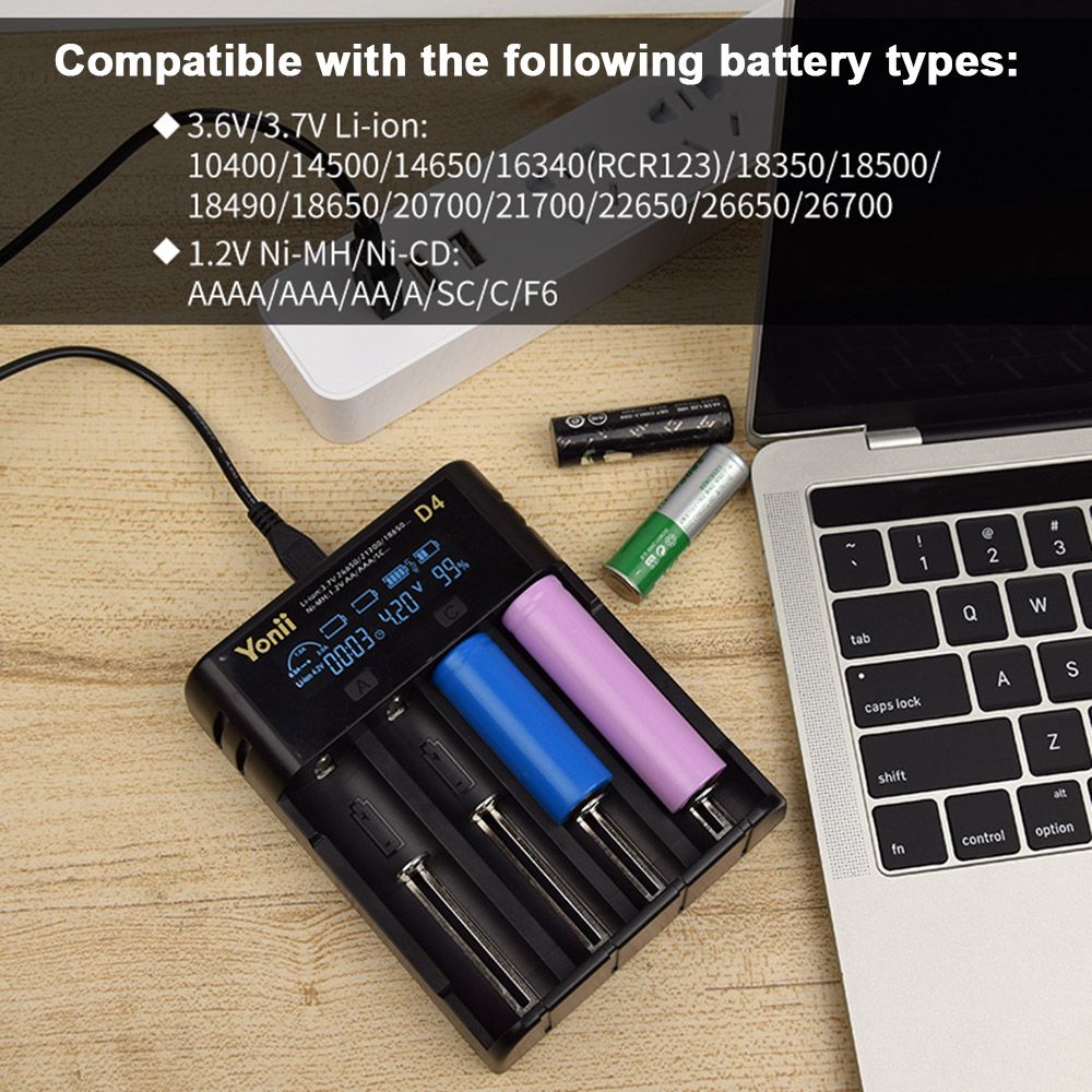 Cargador de baterías YONII D4 LCD de 4 ranuras para baterías de litio 18650, 21700, 26650 y baterías Ni-MH AA AAA