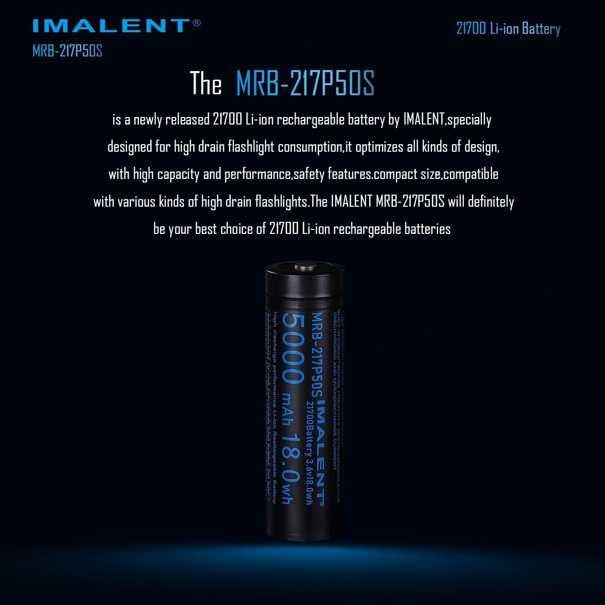 Batería Recargable IMALENT MRB-217P50S 21700 Li-ion 5000mAh 3.6V. Energía Fiable para Linternas LED.