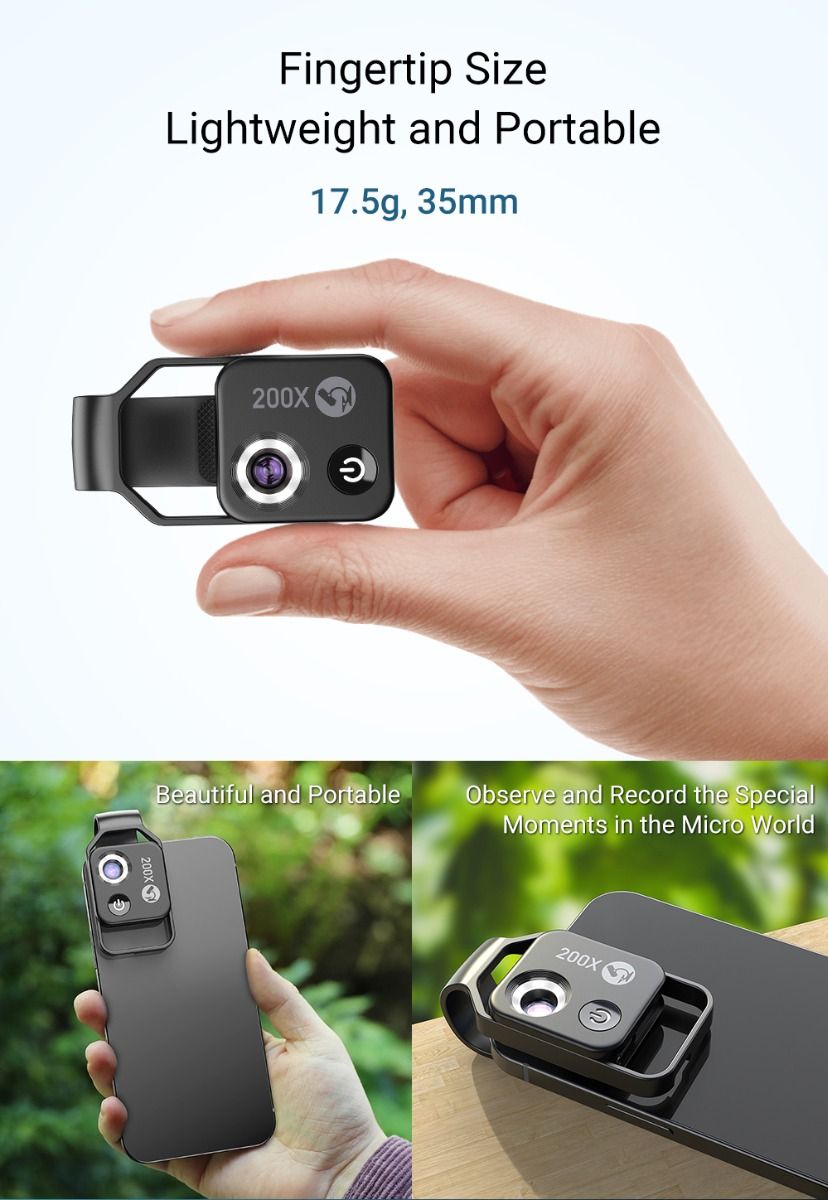 APEXEL 200X Lente de Microscopio con Luz LED Móvil CPL para iPhone Samsung Perfecto para Fotografía Macro