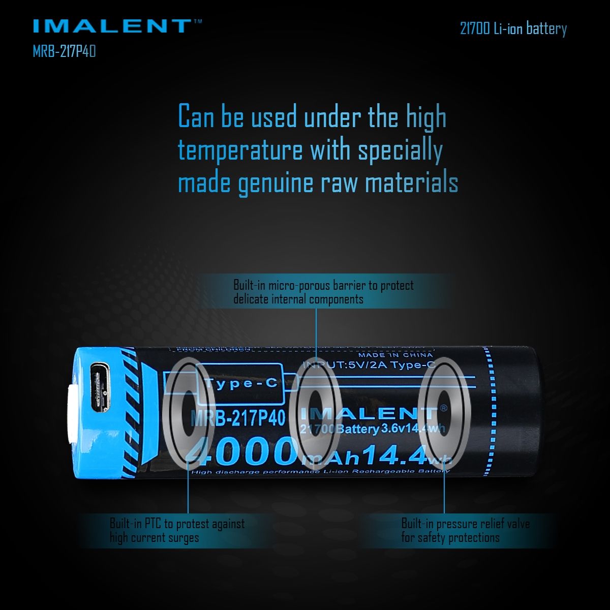 Batería IMALENT MRB-217P40 4000mAh con carga Tipo-C para linternas y gadgets electrónicos diseño avanzado