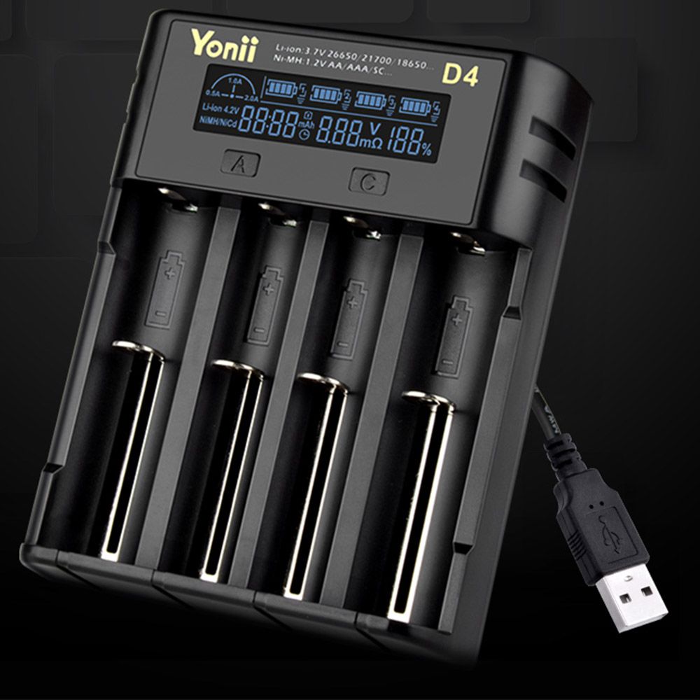 Cargador de baterías YONII D4 LCD de 4 ranuras para baterías de litio 18650, 21700, 26650 y baterías Ni-MH AA AAA