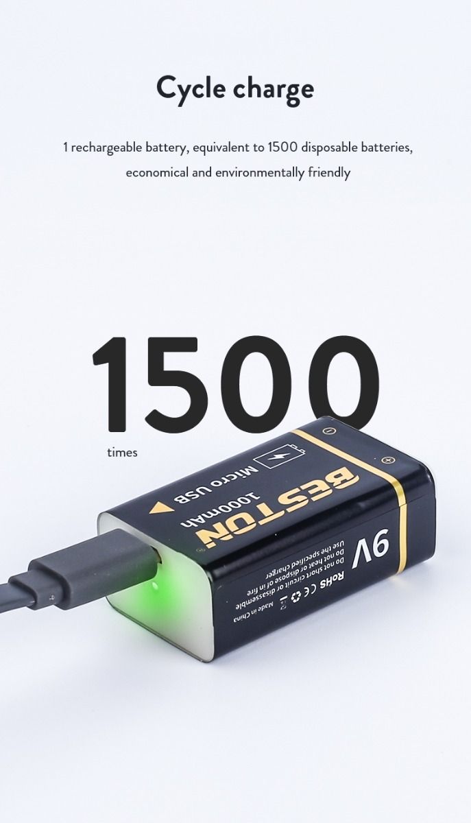 Batería Beston 9V recargable 1000mAh micro USB de iones de litio para RC opción de energía sostenible alta capacidad