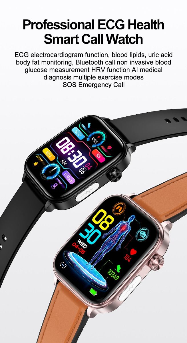 ET570 Smartwatch Salud Digital: Glucosa Sangre No Invasiva, ECG, Frecuencia Cardíaca, Monitor Presión Arterial 1.96