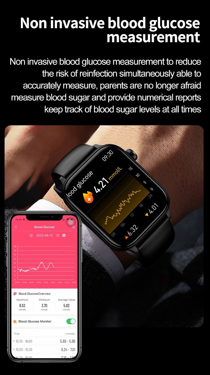 ET570 Smartwatch Salud Digital: Glucosa Sangre No Invasiva, ECG, Frecuencia Cardíaca, Monitor Presión Arterial 1.96