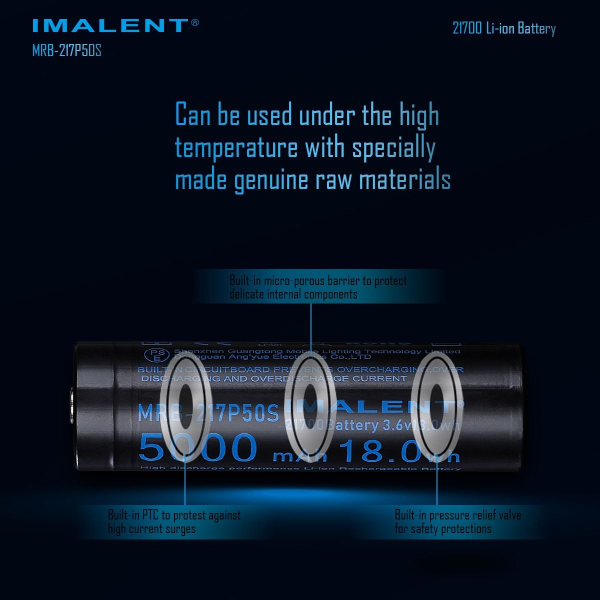 Batería Recargable IMALENT MRB-217P50S 21700 Li-ion 5000mAh 3.6V. Energía Fiable para Linternas LED.