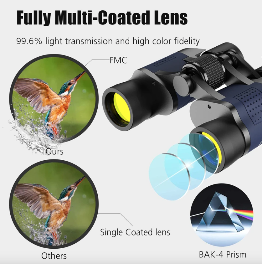 Prismáticos 60x60 BAK4 Potentes HD Telescopio Óptico para Observación de Aves Senderismo Deportes Equipo Portátil de Aventura