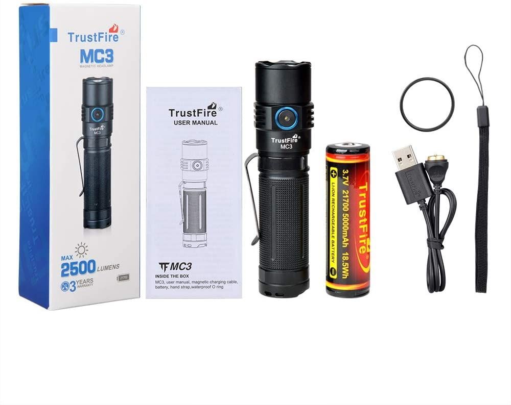 TrustFire MC3 XHP50 Linterna LED 2500 lúmenes, carga magnética USB, impermeable IP68, luz compacta y potente
