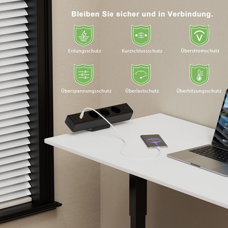 Regleta de escritorio abrazadera con estación de carga rápida USB-C 65W/USB-A, toma corriente, enchufe Europeo y protección contra sobretensión.