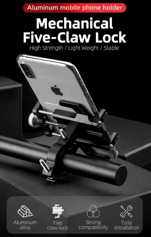 ROCKBROS Soporte para teléfono de motocicleta duradero, accesorio versátil de aleación de aluminio CNC para moto con cinco garras de ajuste seguro