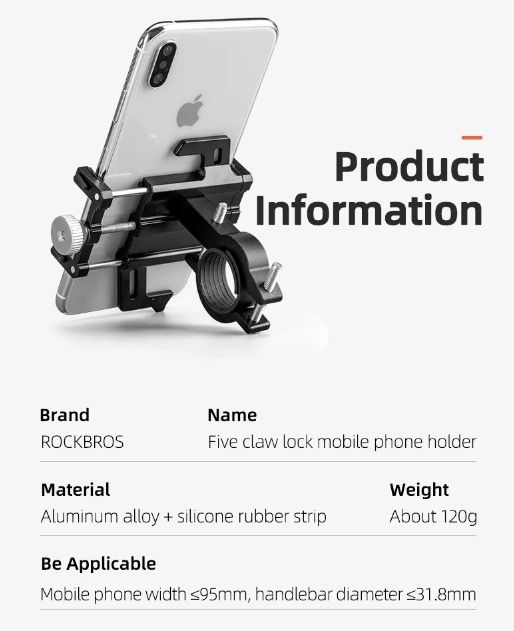 ROCKBROS Soporte para teléfono de motocicleta duradero, accesorio versátil de aleación de aluminio CNC para moto con cinco garras de ajuste seguro