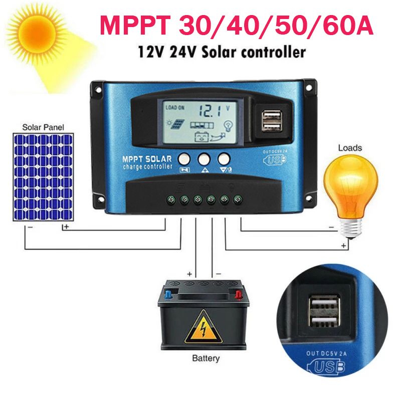 Controlador de Carga Solar MPPT 30A 40A 50A 60A 100A Pantalla LCD Doble USB Extensión de Vida de la Batería