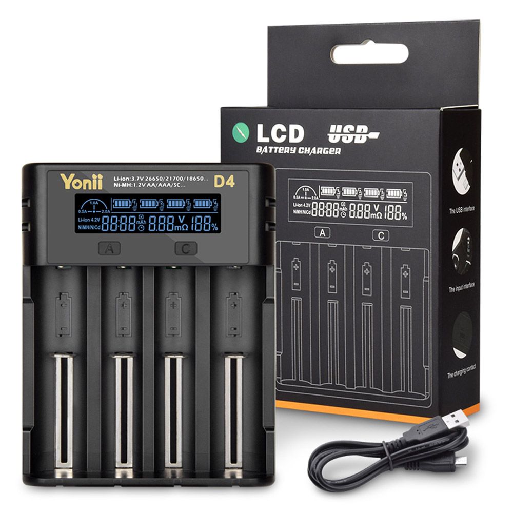 Cargador de baterías YONII D4 LCD de 4 ranuras para baterías de litio 18650, 21700, 26650 y baterías Ni-MH AA AAA