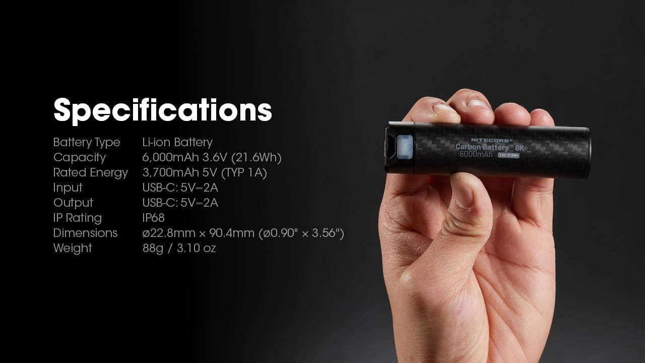 Nitecore Batería de Carbono 6K USB-C Recargable Ligera 6000mAh Resistente al Agua Power Bank