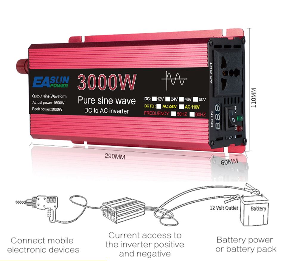 Inversor de onda sinusoidal pura 3000W 2200W 1600W 1000W Diseño duradero de aluminio-magnesio Alta eficiencia Energía para acampar