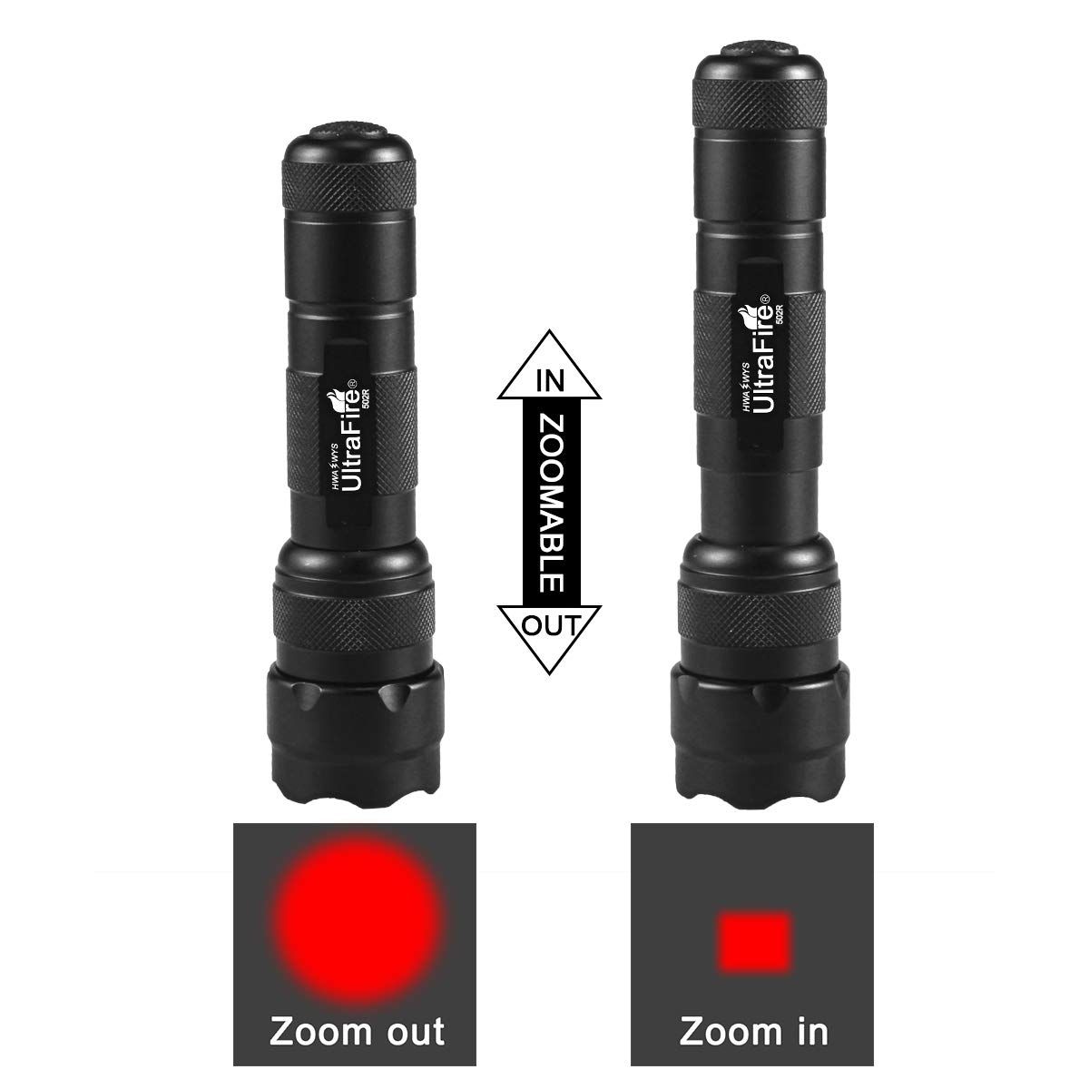 Linterna UltraFire WF-502B.2 XP-E2 LED luz roja zoomable compacta ideal para senderismo nocturno y caza impermeable