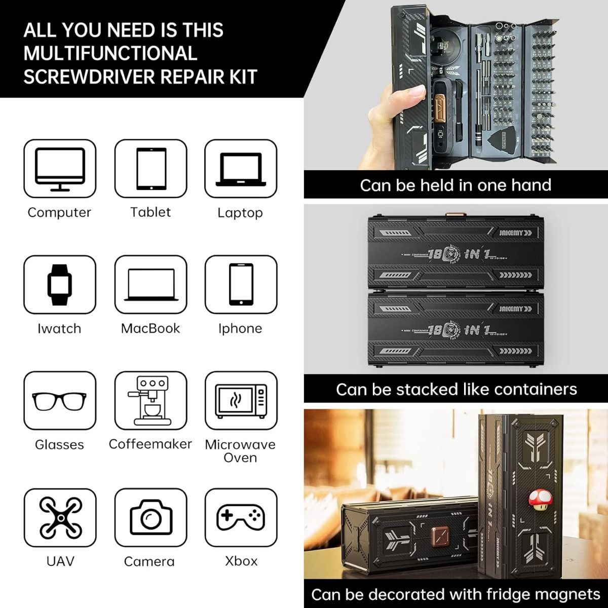 Juego de destornilladores de precisión con 21 tipos de 160 puntas magnéticas, JAKEMY Kit de reparación profesional de destornilladores multibit para portátiles para la mayoría de dispositivos electrónicos, reloj, Xbox, consola, gafas, timbre