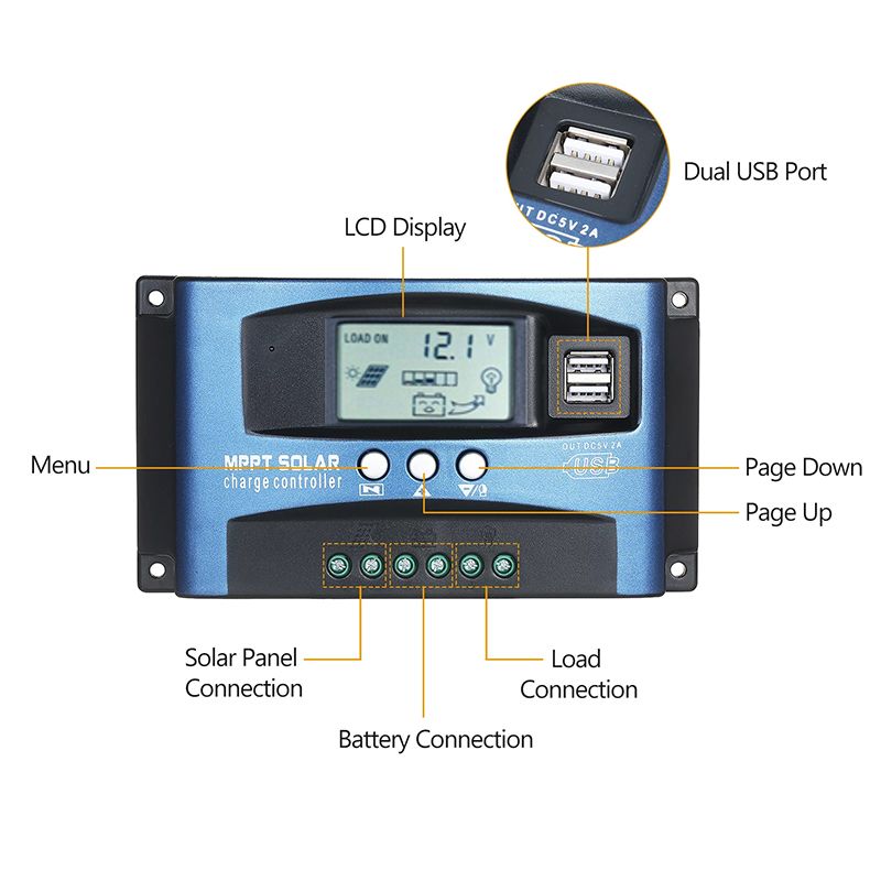 Controlador de Carga Solar MPPT 30A 40A 50A 60A 100A Pantalla LCD Doble USB Extensión de Vida de la Batería