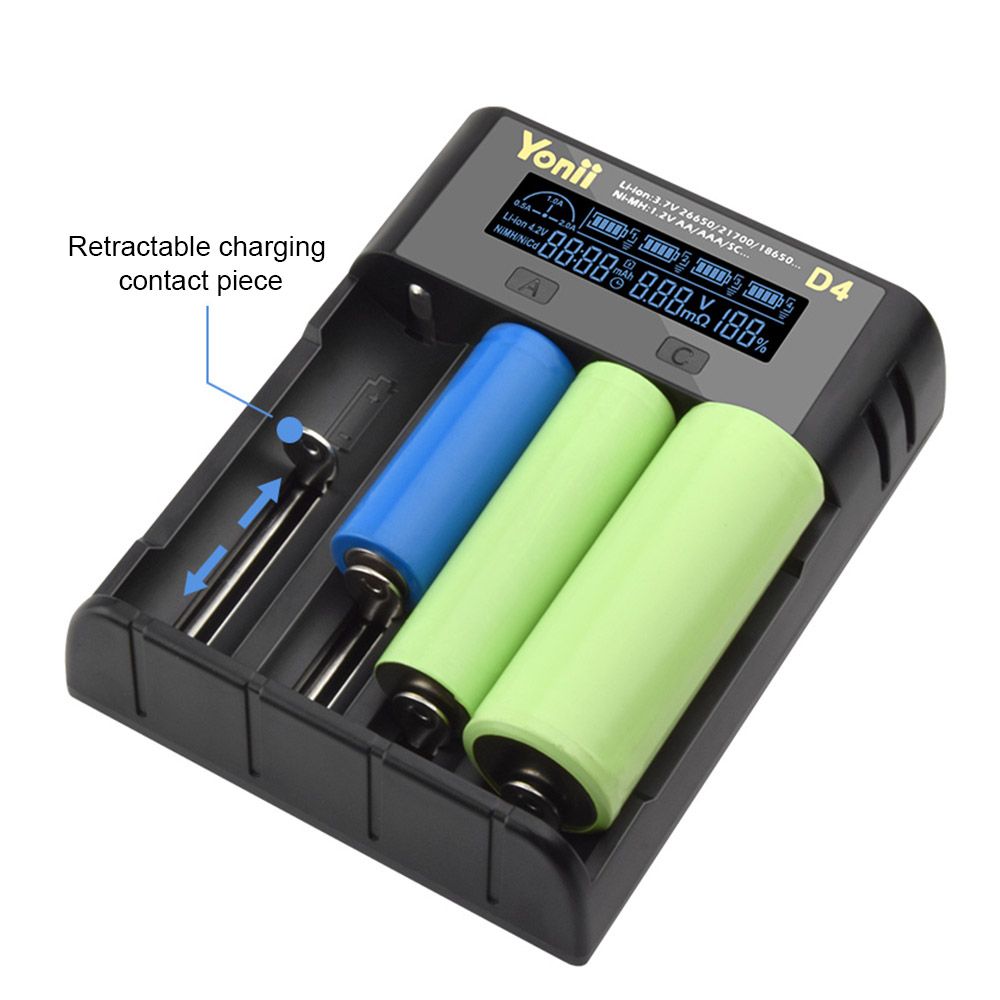 Cargador de baterías YONII D4 LCD de 4 ranuras para baterías de litio 18650, 21700, 26650 y baterías Ni-MH AA AAA