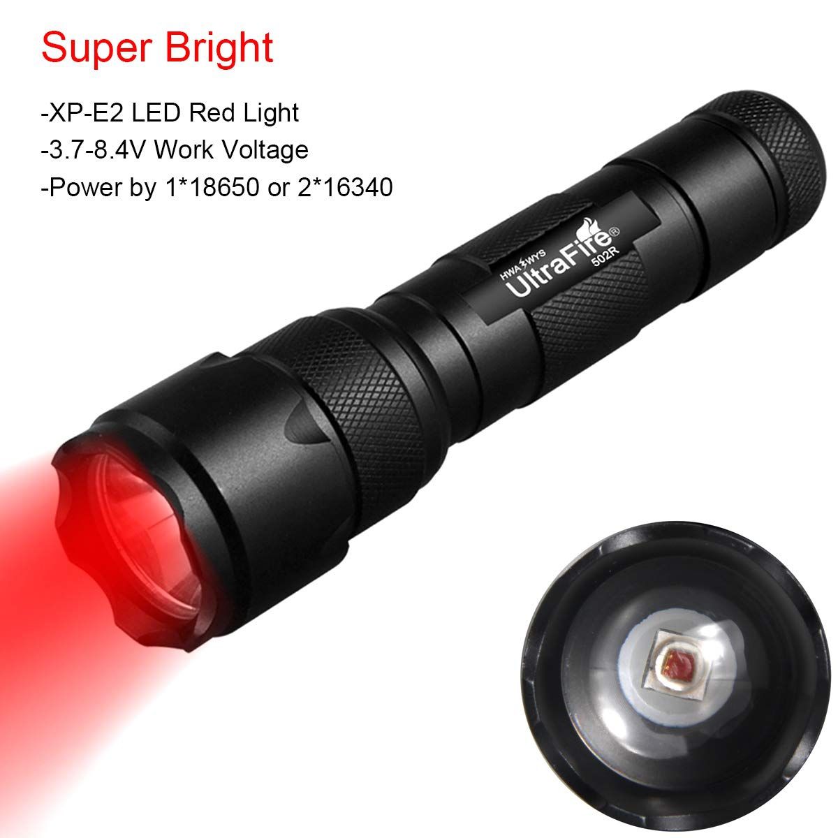 Linterna UltraFire WF-502B.2 XP-E2 LED luz roja zoomable compacta ideal para senderismo nocturno y caza impermeable