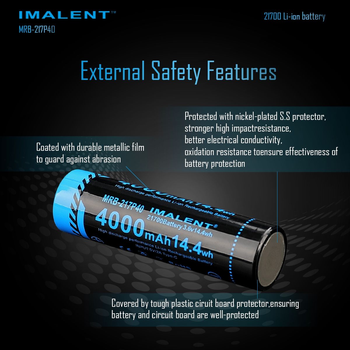 Batería IMALENT MRB-217P40 4000mAh con carga Tipo-C para linternas y gadgets electrónicos diseño avanzado