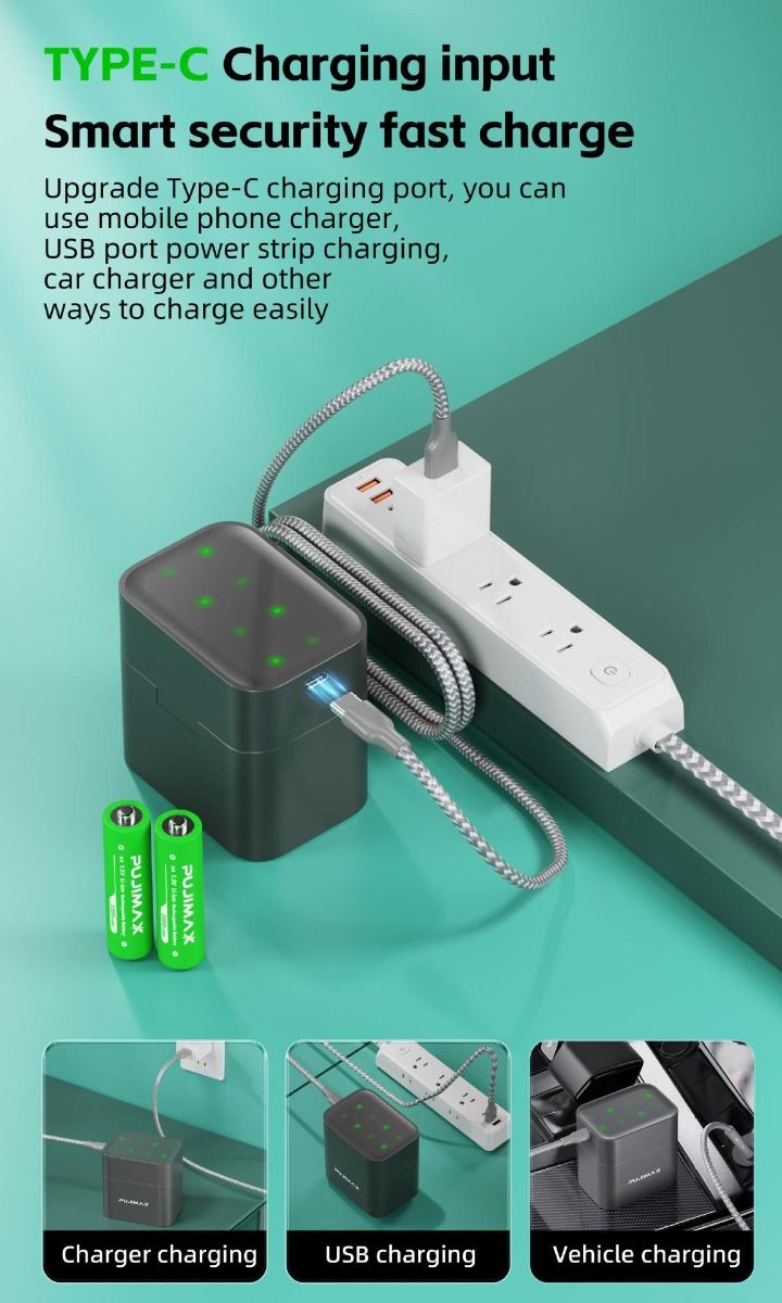 Cargador Litio AA 3400mWh 8 ranuras tipo C carga simultánea eficiente para gadgets y recarga rápida