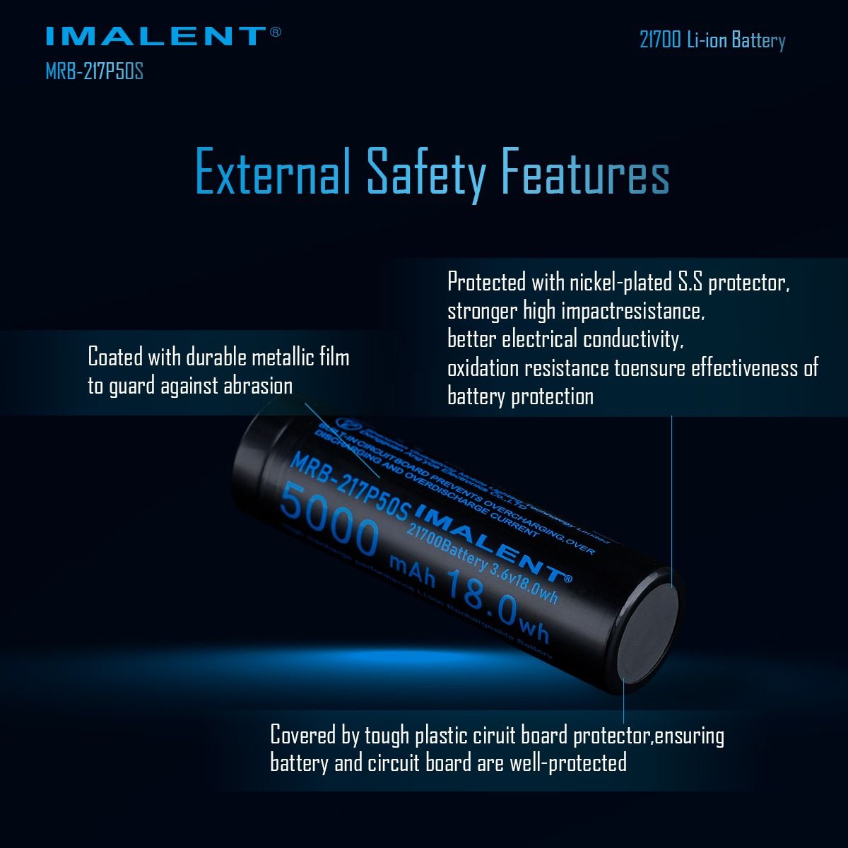 Batería Recargable IMALENT MRB-217P50S 21700 Li-ion 5000mAh 3.6V. Energía Fiable para Linternas LED.