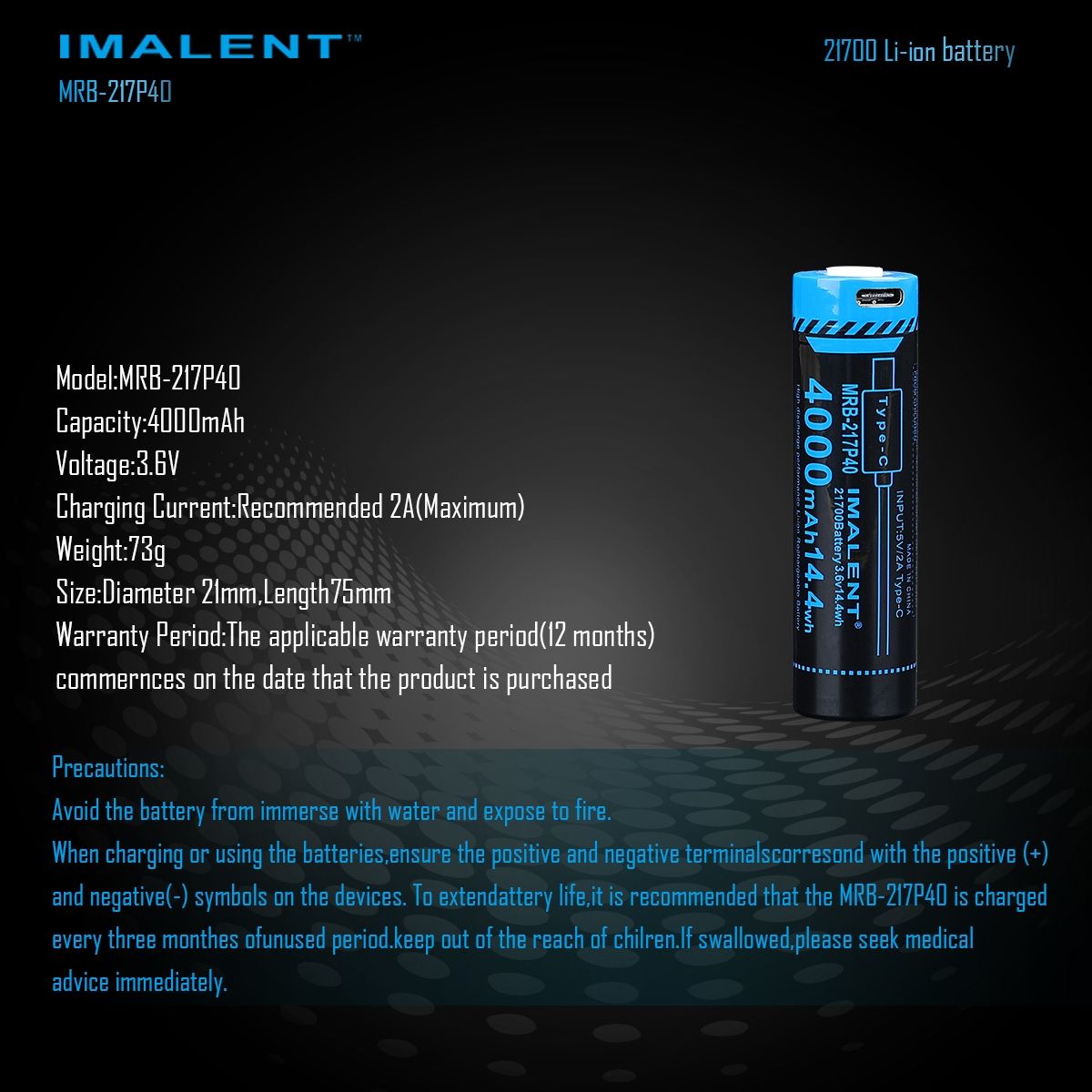 Batería IMALENT MRB-217P40 4000mAh con carga Tipo-C para linternas y gadgets electrónicos diseño avanzado