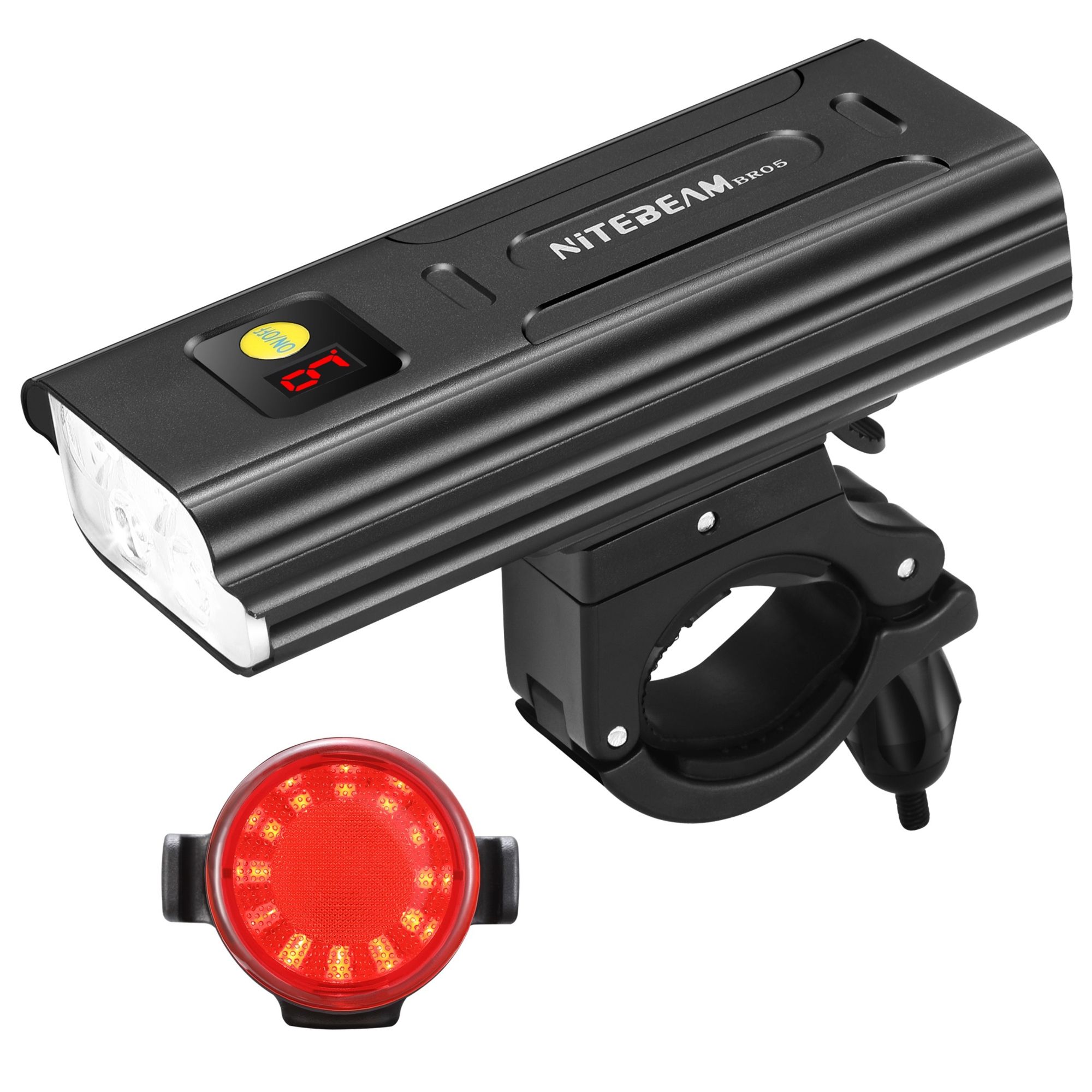 Luces para bicicleta NiteBeam BR05 5000 lúmenes, recargables por USB, equipo esencial de seguridad para ciclismo con funcionalidad de banco de energía.