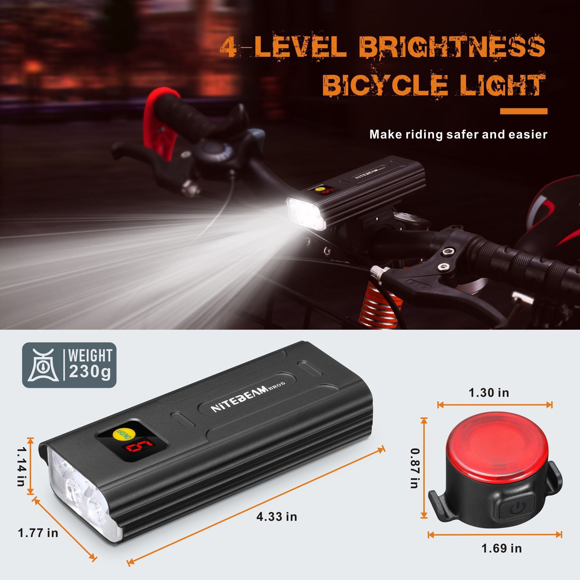 Luces para bicicleta NiteBeam BR05 5000 lúmenes, recargables por USB, equipo esencial de seguridad para ciclismo con funcionalidad de banco de energía.