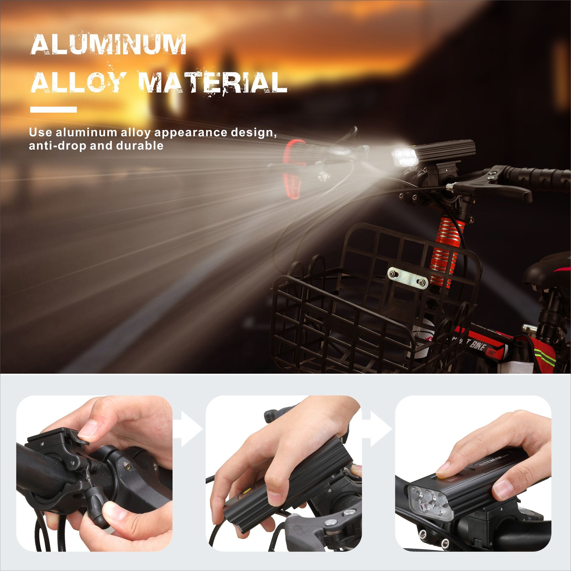 Luces para bicicleta NiteBeam BR05 5000 lúmenes, recargables por USB, equipo esencial de seguridad para ciclismo con funcionalidad de banco de energía.