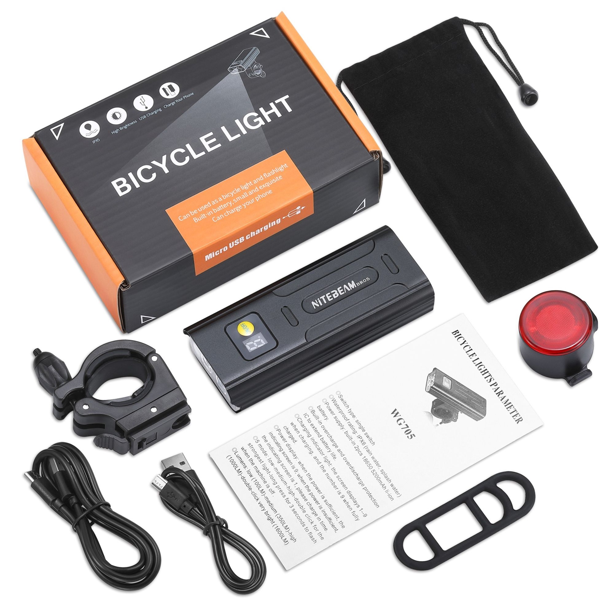Luces para bicicleta NiteBeam BR05 5000 lúmenes, recargables por USB, equipo esencial de seguridad para ciclismo con funcionalidad de banco de energía.