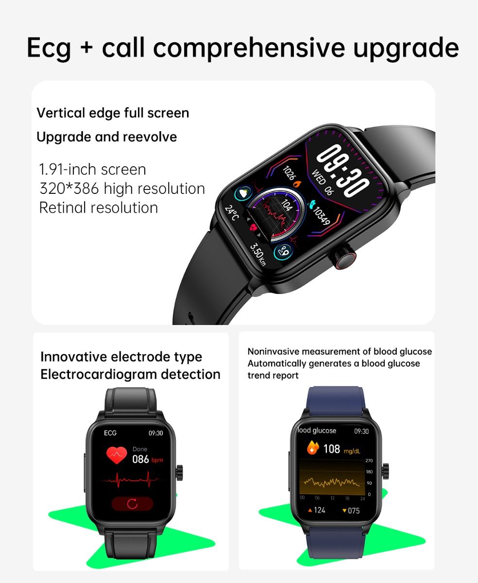 ET540 Glucosa en sangre ECG Temperatura corporal Presión arterial Oxígeno en sangre Frecuencia cardíaca Llamada Bluetooth Reloj inteligente Rastreador de fitness