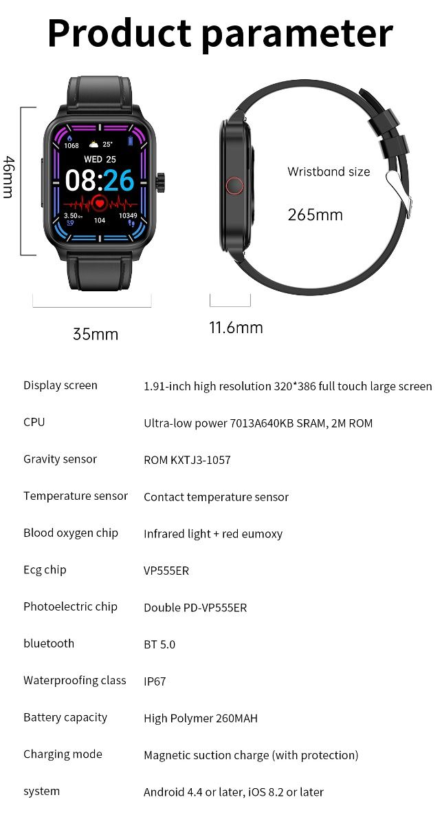 ET540 Glucosa en sangre ECG Temperatura corporal Presión arterial Oxígeno en sangre Frecuencia cardíaca Llamada Bluetooth Reloj inteligente Rastreador de fitness