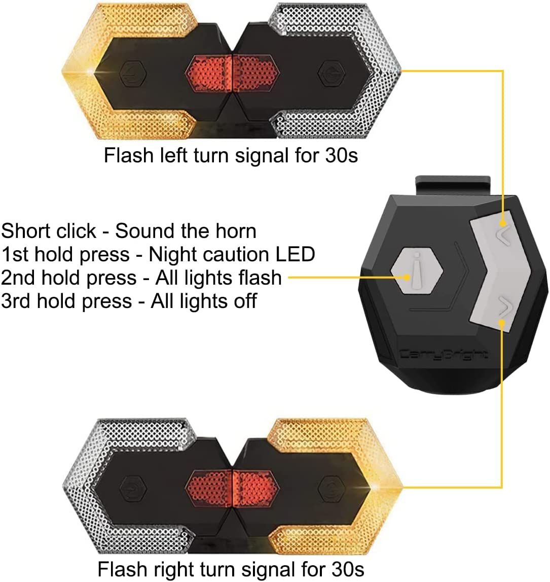 CarryBright CBX4 Luz de señal de giro para bicicleta con bocina, carga USB, impermeable, accesorio de seguridad para ciclismo