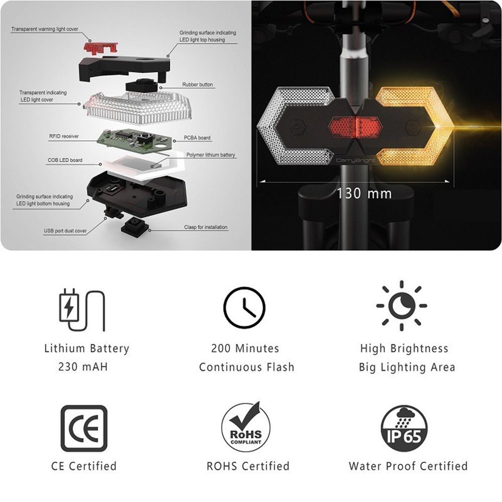 CarryBright CBX4 Luz de señal de giro para bicicleta con bocina, carga USB, impermeable, accesorio de seguridad para ciclismo