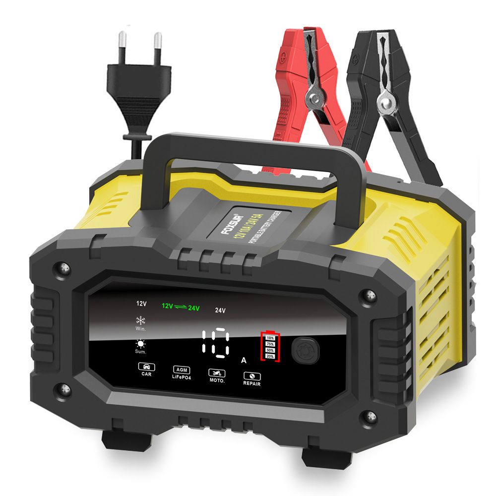 FOXSUR Cargador de batería de coche portátil 12V 24V Cargador versátil para AGM LiFePO4 plomo-ácido motocicleta camión