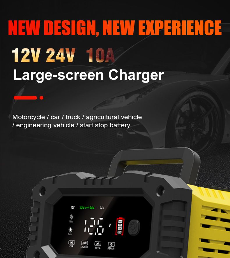 FOXSUR Cargador de batería de coche portátil 12V 24V Cargador versátil para AGM LiFePO4 plomo-ácido motocicleta camión