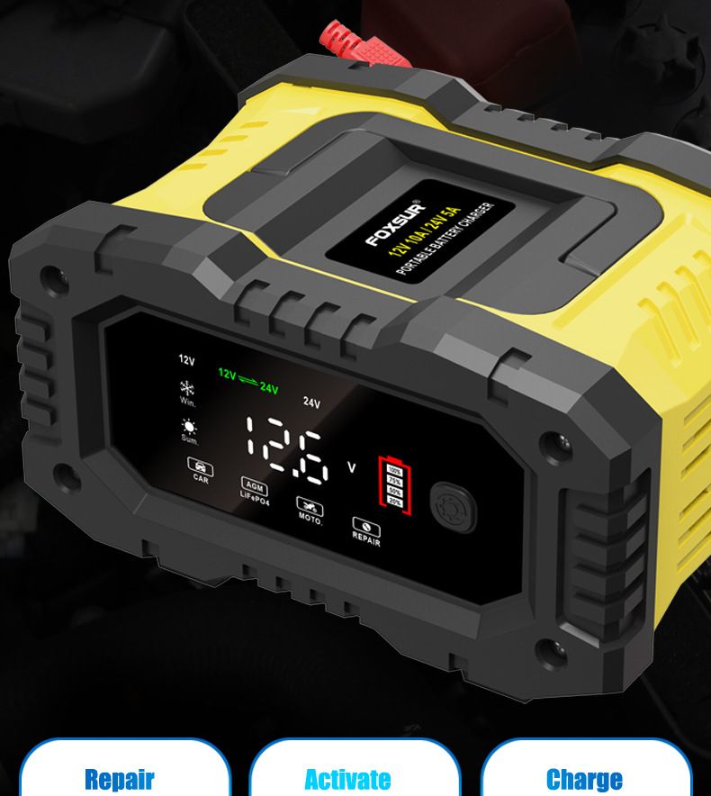 FOXSUR Cargador de batería de coche portátil 12V 24V Cargador versátil para AGM LiFePO4 plomo-ácido motocicleta camión