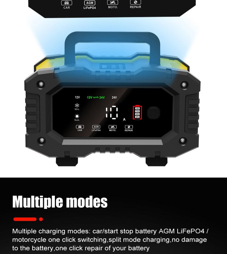 FOXSUR Cargador de batería de coche portátil 12V 24V Cargador versátil para AGM LiFePO4 plomo-ácido motocicleta camión