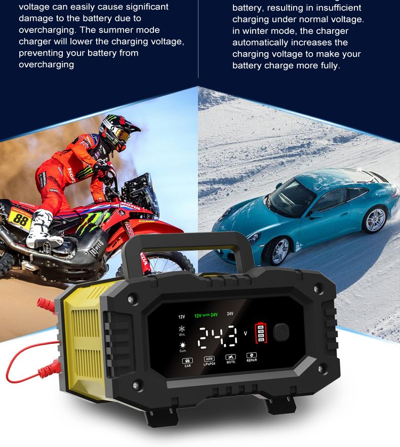 FOXSUR Cargador de batería de coche portátil 12V 24V Cargador versátil para AGM LiFePO4 plomo-ácido motocicleta camión