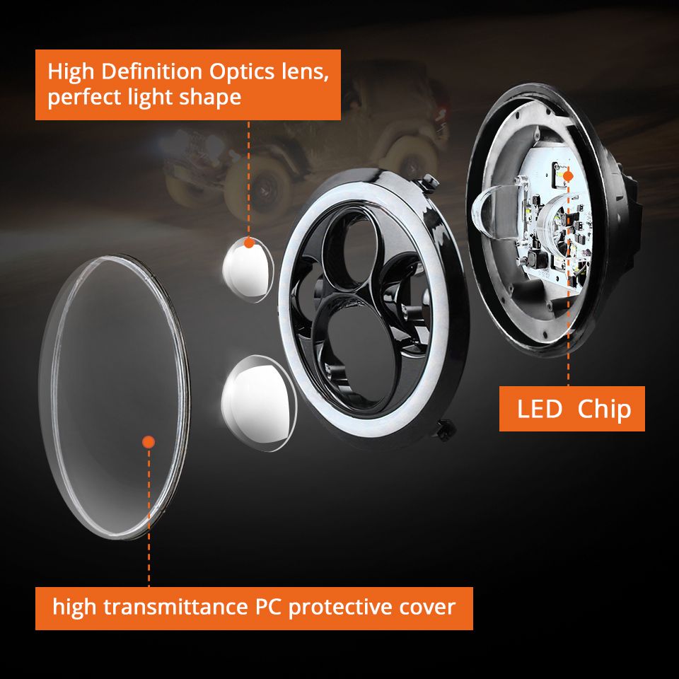 Farola LED de 7 pulgadas para motocicleta, compatible con Jeep Wrangler Lada Niva 4x4, luz amarilla/blanca brillante con diseño de ojo de ángel y resistente a la intemperie