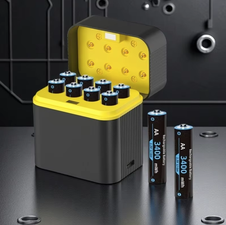Pilas AA Recargables Litio 1.5V 3000mWh con Cargador, Larga Duración para Dispositivos de Alto Consumo